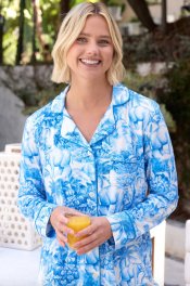 The Cat's Pajamas Women's Palm Grove Toile Pima Knit Cotton Classic Pajama Set in Blue