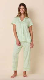 The Cat's Pajamas Women's Essential Stripe Pima Knit Cotton Capri Pajama Set in Pistachio