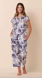 The Cat's Pajamas Women's Safari Toile Luxe Pima Cotton Capri Pajama Set in Blue
