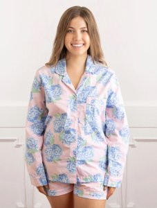 8 Oak Lane Women's Love Hydrangea Pink Cotton Long Sleeve Shorts Set