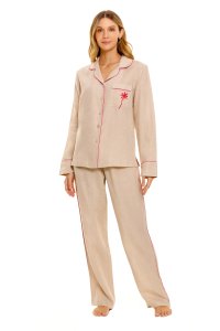 The Lazy Poet Women's Emma Linen Essentials Oatmeal Classic Long Sleeve Pajama Set