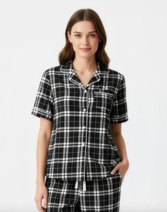Boxercraft Women's Black/White Plaid Boxy Flannel Short Sleeve Shirt