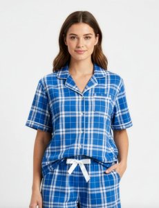 Boxercraft Women's Royal/Silver Plaid Boxy Flannel Short Sleeve Shirt