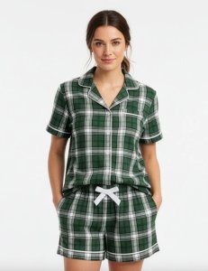Boxercraft Women's Green/White Plaid Boxy Flannel Short Sleeve Shirt