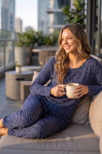 The Cat's Pajamas Women's Navy Confetti Dot Pima Knit Cotton Pullover Lounge Set