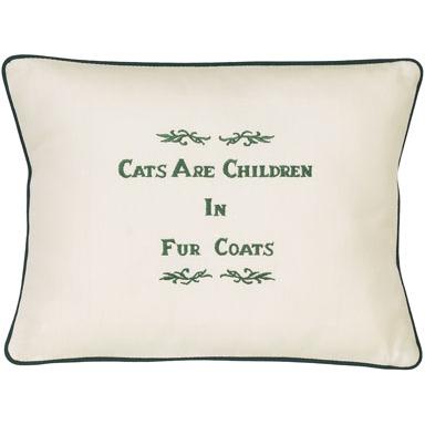"Cats Are Children In Fur Coats" Ivory Embroidered Gift Pillow
