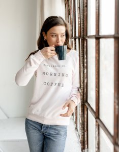 Happiness is...Morning Coffee Women's Crew Neck Sweatshirt in Ballet Pink