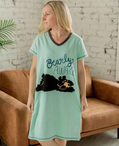 Lazy One Bearly Awake V-Neck Cotton Nightshirt in Light Green