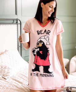 Lazy One Bear in the Morning V-Neck Cotton Nightshirt in Pink
