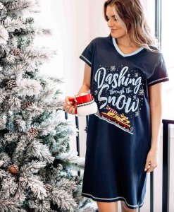 Lazy One Dashing Through The Snow V-Neck Cotton Nightshirt in Dark Blue