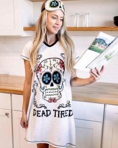 Lazy One Dead Tired V-Neck Cotton Nightshirt in Grey