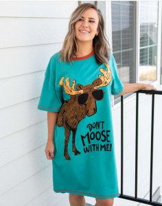 Lazy One Don't Moose With Me Cotton Nightshirt in Dusty Turquoise