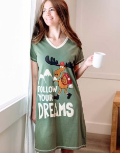 Lazy One Follow Your Dreams V-Neck Cotton Nightshirt in Loden Green