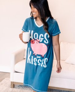 Lazy One Hogs & Kisses V-Neck Cotton Nightshirt in Blue