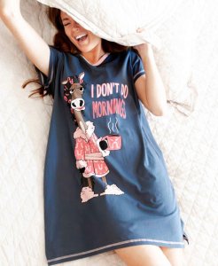 Lazy One I Don't Do Mornings Horse V-Neck Cotton Nightshirt in Shadow Grey
