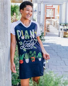 Lazy One Plant Lady V-Neck Cotton Nightshirt in Blueberry Blue and White