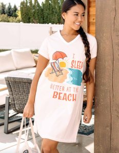 Lazy One Sleep Better At The Beach V-Neck Cotton Nightshirt in Soft Pink