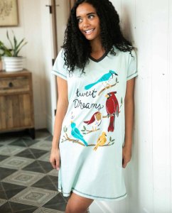 Lazy One Tweet Dreams V-Neck Cotton Nightshirt in Morning Mist