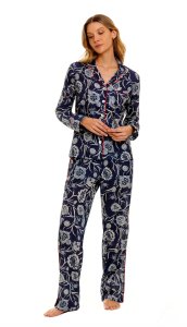 The Lazy Poet Women's Emma Claire Blue Cotton Classic Long Sleeve Pajama Set