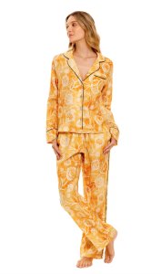 The Lazy Poet Women's Emma Claire Saffron Linen Classic Long Sleeve  Pajama Set