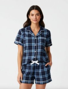 Boxercraft Women's Navy/Colmbia Plaid Boxy Flannel Short Sleeve Shirt