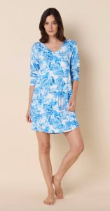 The Cat's Pajamas Women's Palm Grove Toile Pima Knit Cotton Long Sleeve Sleepshirt in Blue
