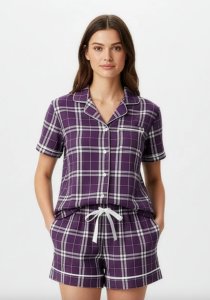 Boxercraft Women's Purple/White Plaid Boxy Flannel Short Sleeve Shirt