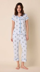 The Cat's Pajamas Women's Queen Bee Pima Knit Cotton Capri Pajama Set in Blue