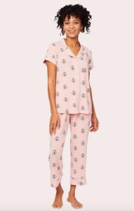 The Cat's Pajamas Women's Queen Bee Pima Knit Cotton Capri Pajama Set in Pink