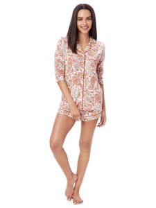 The Cat's Pajamas Women's Paisley Park Pima Knit Cotton Long Sleeve Shorts Pajama Set