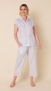 The Cat's Pajamas Women's Classic Stripe Luxe Pima Cotton Capri Pajama Set in Blue