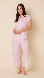 The Cat's Pajamas Women's Classic Stripe Luxe Pima Cotton Capri Pajama Set in Pink