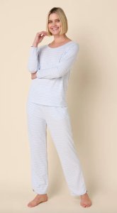 The Cat's Pajamas Women's Essential Stripe Pima Knit Cotton Simple Set in Heavenly Blue