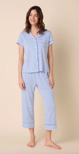 The Cat's Pajamas Women's Essential Stripe Pima Knit Cotton Capri Pajama Set in Provence