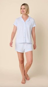 The Cat's Pajamas Women's Essential Stripe Pima Knit Short Sleeve Cotton Short Set in Heavenly Bl...