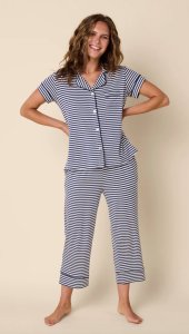 The Cat's Pajamas Women's Essential Stripe Pima Knit Cotton Capri Pajama Set in Navy