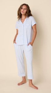 The Cat's Pajamas Women's Essential Stripe Pima Knit Cotton Capri Pajama Set in Heavenly Blue