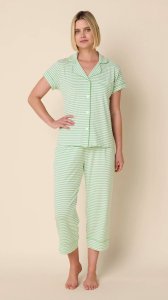 The Cat's Pajamas Women's Essential Stripe Pima Knit Cotton Capri Pajama Set in Pistachio