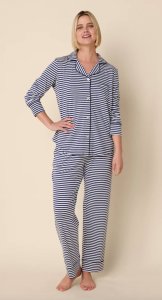 The Cat's Pajamas Women's Essential Stripe Pima Knit Cotton Classic Pajama Set in Navy