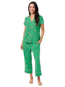 The Cat's Pajamas Women's Flamazing Pima Knit Cotton Capri Pajama Set in Emerald