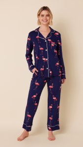 The Cat's Pajamas Women's Flamazing Pima Knit Cotton Classic Pajama Set in Navy