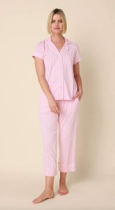 The Cat's Pajamas Women's Heritage Stripe Pima Knit Cotton Capri Pajama Set in Pink