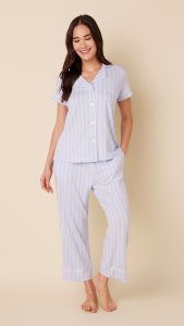The Cat's Pajamas Women's Heritage Stripe Pima Knit Cotton Capri Pajama Set in Blue