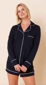 The Cat's Pajamas Women's Midnight Pima Knit Long Sleeve Cotton Short Set