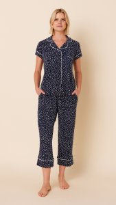 The Cat's Pajamas Women's Navy Confetti Dot Pima Knit Cotton Capri Pajama Set