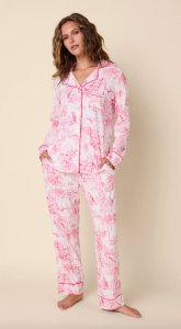 The Cat's Pajamas Women's Palm Grove Toile Pima Knit Cotton Classic Pajama Set in Pink