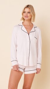 The Cat's Pajamas Women's Pink Moment Pima Knit Long Sleeve Cotton Short Set