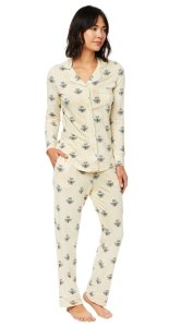The Cat's Pajamas Women's Queen Bee Pima Knit Cotton Classic Pajama Set in Honey