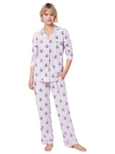 The Cat's Pajamas Women's Queen Bee Pima Knit Cotton Classic Pajama Set in Lavender