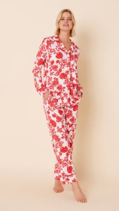 The Cat's Pajamas Women's Chrysantheme Pima Knit Cotton Classic Pajama Set in Red